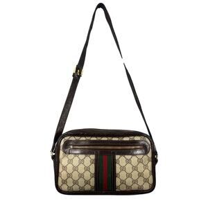Gucci Camera Bag GG Monogram Canvas Web Stripe Brown Leather Crossbody Vintage